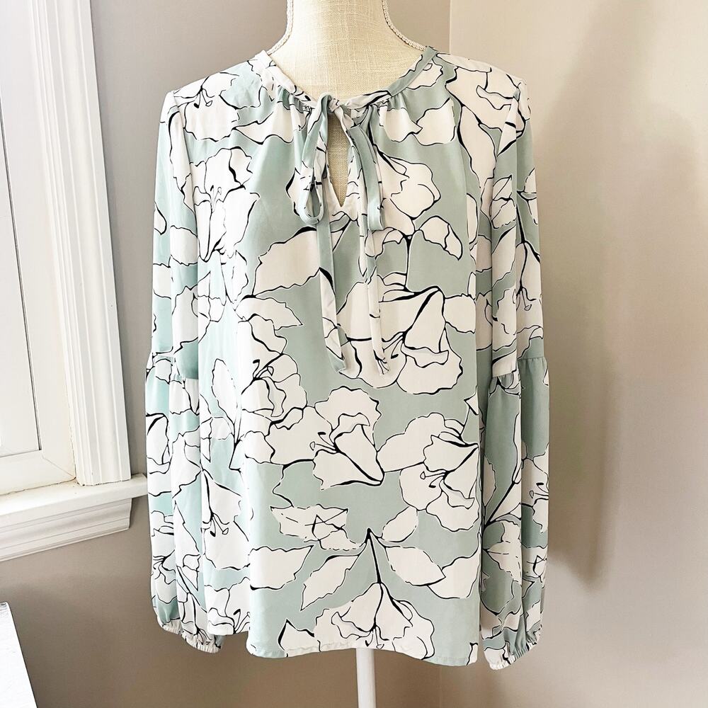Karl Lagerfeld Sheer Floral Keyhole Blouse Top Aquamarine & White